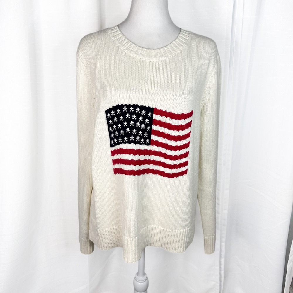 Talbots American Flag Sweater Womens L Ivory Cotton Crewneck Knit Patriotic USA